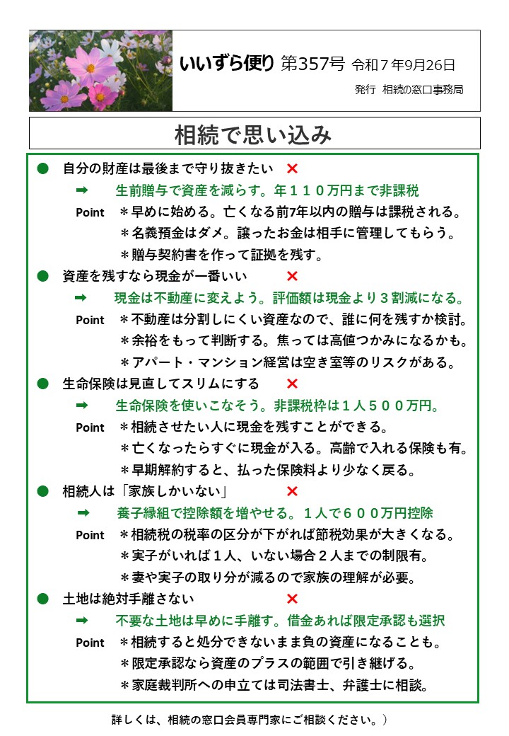 ●　自分の財産は最後まで守り抜きたい　✖ 　　　➡　　生前贈与で資産を減らす。年１１０万円まで非課税 　　　Point　＊早めに始める。亡くなる前7年以内の贈与は課税される。 　　　　　 　＊名義預金はダメ。譲ったお金は相手に管理してもらう。 　　　　　 　＊贈与契約書を作って証拠を残す。 ●　資産を残すなら現金が一番いい　　　✖ 　　➡ 現金は不動産に変えよう。評価額は現金より３割減になる。 　　　Point　＊不動産は分割しにくい資産なので、誰に何を残すか検討。 　　　　　 　＊余裕をもって判断する。焦っては高値つかみになるかも。 　　　　　 　＊アパート・マンション経営は空き室等のリスクがある。 ●　生命保険は見直してスリムにする　　✖ 　　　➡　　生命保険を使いこなそう。非課税枠は１人５００万円。 　　　Point　＊相続させたい人に現金を残すことができる。 　　　　　　 ＊亡くなったらすぐに現金が入る。高齢で入れる保険も有。 　　　　　　 ＊早期解約すると、払った保険料より少なく戻る。 ●　相続人は「家族しかいない」　　　　✖ 　　➡　　養子縁組で控除額を増やせる。１人で６００万円控除 　　　Point　＊相続税の税率の区分が下がれば節税効果が大きくなる。 　　　　　　 ＊実子がいれば１人、いない場合２人までの制限有。 　　　　　　 ＊妻や実子の取り分が減るので家族の理解が必要。 ●　土地は絶対手離さない　　　　　　　✖ 　　　➡　　不要な土地は早めに手離す。借金あれば限定承認も選択 　　　Point　＊相続すると処分できないまま負の資産になることも。 　　　　　　 ＊限定承認なら資産のプラスの範囲で引き継げる。 　　　　　　 ＊家庭裁判所への申立ては司法書士、弁護士に相談。