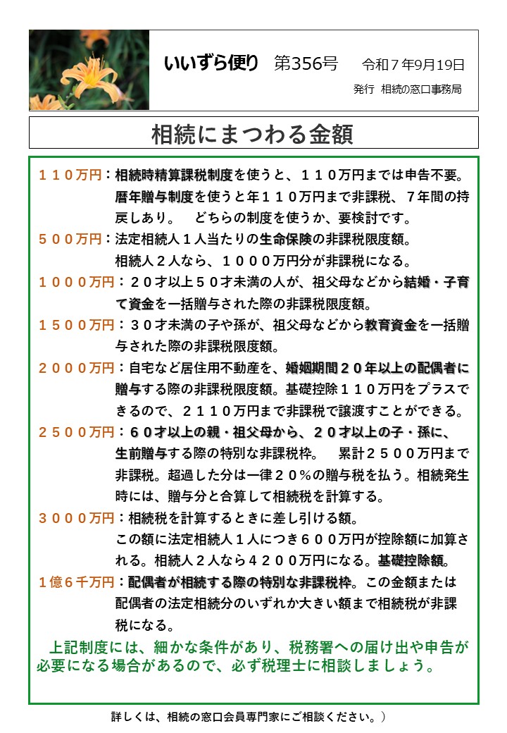 １１０万円：相続時精算課税制度を使うと、１１０万円までは申告不要。 　　　　　　暦年贈与制度を使うと年１１０万円まで非課税、７年間の持 　　　　　　戻しあり。　どちらの制度を使うか、要検討です。 ５００万円：法定相続人１人当たりの生命保険の非課税限度額。 　　　　　　相続人２人なら、１０００万円分が非課税になる。 １０００万円：２０才以上５０才未満の人が、祖父母などから結婚・子育 　　　　　　て資金を一括贈与された際の非課税限度額。 １５００万円：３０才未満の子や孫が、祖父母などから教育資金を一括贈 　　　　　　与された際の非課税限度額。 ２０００万円：自宅など居住用不動産を、婚姻期間２０年以上の配偶者に 　　　　　　贈与する際の非課税限度額。基礎控除１１０万円をプラスで 　　　　　　きるので、２１１０万円まで非課税で譲渡すことができる。 ２５００万円：６０才以上の親・祖父母から、２０才以上の子・孫に、 　　　　　　生前贈与する際の特別な非課税枠。　累計２５００万円まで 　　　　　　非課税。超過した分は一律２０％の贈与税を払う。相続発生 　　　　　　時には、贈与分と合算して相続税を計算する。 ３０００万円：相続税を計算するときに差し引ける額。 　　　　　　この額に法定相続人１人につき６００万円が控除額に加算さ 　　　　　　れる。相続人２人なら４２００万円になる。基礎控除額。 １億６千万円：配偶者が相続する際の特別な非課税枠。この金額または 　　　　　　配偶者の法定相続分のいずれか大きい額まで相続税が非課 　　　　　　税になる。 　上記制度には、細かな条件があり、税務署への届け出や申告が必要になる場合があるので、必ず税理士に相談しましょう。 １１０万円：相続時精算課税制度を使うと、１１０万円までは申告不要。 　　　　　　暦年贈与制度を使うと年１１０万円まで非課税、７年間の持 　　　　　　戻しあり。　どちらの制度を使うか、要検討です。 ５００万円：法定相続人１人当たりの生命保険の非課税限度額。 　　　　　　相続人２人なら、１０００万円分が非課税になる。 １０００万円：２０才以上５０才未満の人が、祖父母などから結婚・子育 　　　　　　て資金を一括贈与された際の非課税限度額。 １５００万円：３０才未満の子や孫が、祖父母などから教育資金を一括贈 　　　　　　与された際の非課税限度額。 ２０００万円：自宅など居住用不動産を、婚姻期間２０年以上の配偶者に 　　　　　　贈与する際の非課税限度額。基礎控除１１０万円をプラスで 　　　　　　きるので、２１１０万円まで非課税で譲渡すことができる。 ２５００万円：６０才以上の親・祖父母から、２０才以上の子・孫に、 　　　　　　生前贈与する際の特別な非課税枠。　累計２５００万円まで 　　　　　　非課税。超過した分は一律２０％の贈与税を払う。相続発生 　　　　　　時には、贈与分と合算して相続税を計算する。 ３０００万円：相続税を計算するときに差し引ける額。 　　　　　　この額に法定相続人１人につき６００万円が控除額に加算さ 　　　　　　れる。相続人２人なら４２００万円になる。基礎控除額。 １億６千万円：配偶者が相続する際の特別な非課税枠。この金額または 　　　　　　配偶者の法定相続分のいずれか大きい額まで相続税が非課 　　　　　　税になる。 　上記制度には、細かな条件があり、税務署への届け出や申告が必要になる場合があるので、必ず税理士に相談しましょう。