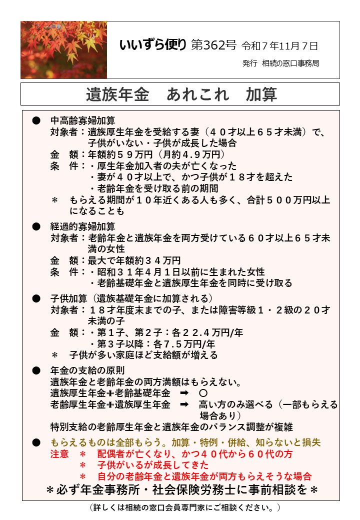 　中高齢寡婦加算 　　対象者：遺族厚生年金を受給する妻（４０才以上６５才未満）で、 　　　　　　子供がいない・子供が成長した場合 　　金　額：年額約５９万円（月約４.９万円） 　　条　件：・厚生年金加入者の夫が亡くなった 　　　　　　・妻が４０才以上で、かつ子供が１８才を超えた 　　　　　　・老齢年金を受け取る前の期間 　　＊　もらえる期間が１０年近くある人も多く、合計５００万円以上 　　　　になることも ●　経過的寡婦加算 対象者：老齢年金と遺族年金を両方受けている６０才以上６５才未 　　　　　　満の女性 　　金　額：最大で年額約３４万円 　　条　件：・昭和３１年４月１日以前に生まれた女性 　　　　　　・老齢基礎年金と遺族厚生年金を同時に受け取る ●　子供加算（遺族基礎年金に加算される） 対象者：１８才年度末までの子、または障害等級１・２級の２０才 　　　　　　未満の子 　　金　額：・第１子、第２子：各２２.４万円/年 　　　　　　・第３子以降：各７.５万円/年 　　＊　子供が多い家庭ほど支給額が増える ●　年金の支給の原則 　　遺族年金と老齢年金の両方満額はもらえない。 　　遺族厚生年金✙老齢基礎年金　➡　〇 　　老齢厚生年金✙遺族厚生年金　➡　高い方のみ選べる（一部もらえる 　　　　　　　　　　　　　　　　　　場合あり） 　　特別支給の老齢厚生年金と遺族年金のバランス調整が複雑 ●　もらえるものは全部もらう。加算・特例・併給、知らないと損失 　　注意　＊　配偶者が亡くなり、かつ４０代から６０代の方 　　　　　＊　子供がいるが成長してきた 　　　　　＊　自分の老齢年金と遺族年金が両方もらえそうな場合　　　　 ＊必ず年金事務所・社会保険労務士に事前相談を＊