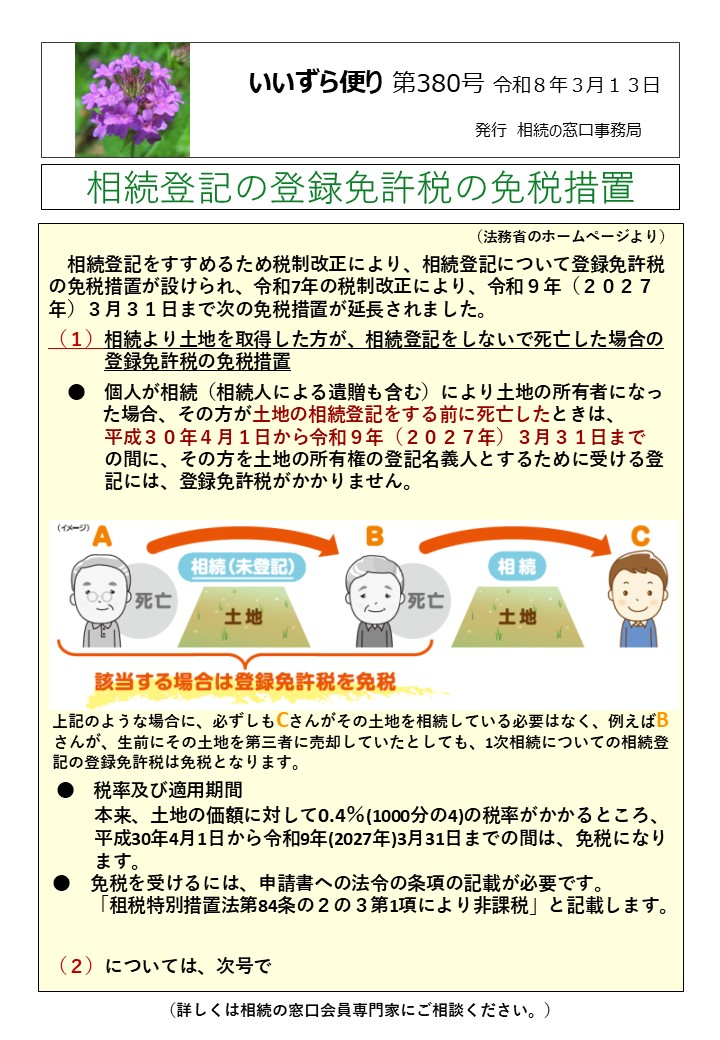 相続登記をすすめるため税制改正により、相続登記について登録免許税の免税措置が設けられ、令和7年の税制改正により、令和９年（２０２７年）３月３１日まで次の免税措置が延長されました。 （１）相続より土地を取得した方が、相続登記をしないで死亡した場合の　 　　　登録免許税の免税措置 　●　個人が相続（相続人による遺贈も含む）により土地の所有者になっ た場合、その方が土地の相続登記をする前に死亡したときは、 　　　平成３０年４月１日から令和９年（２０２７年）３月３１日まで 　　　の間に、その方を土地の所有権の登記名義人とするために受ける登 　　　記には、登録免許税がかかりません。 上記のような場合に、必ずしもCさんがその土地を相続している必要はなく、例えばBさんが、生前にその土地を第三者に売却していたとしても、1次相続についての相続登 記の登録免許税は免税となります。 ●　税率及び適用期間 　　 本来、土地の価額に対して0.4％(1000分の4)の税率がかかるところ、　 平成30年4月1日から令和9年(2027年)3月31日までの間は、免税になり ます。 ●　免税を受けるには、申請書への法令の条項の記載が必要です。 　　 「租税特別措置法第84条の２の３第1項により非課税」と記載します。 　　 （２）については、次号で