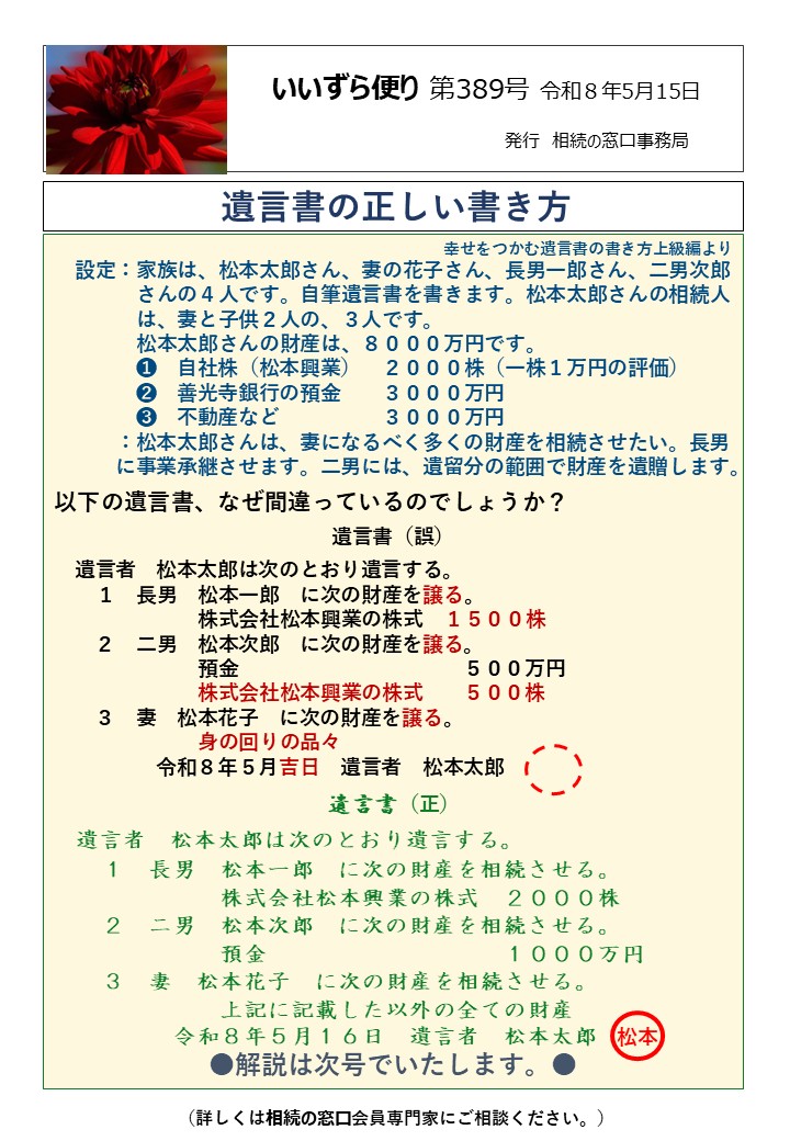 設定：家族は、松本太郎さん、妻の花子さん、長男一郎さん、二男次郎 　　　　さんの４人です。自筆遺言書を書きます。松本太郎さんの相続人 　　　　は、妻と子供２人の、３人です。 　　　　松本太郎さんの財産は、８０００万円です。 　　　　➊　自社株（松本興業）　２０００株（一株１万円の評価） 　　　　➋　善光寺銀行の預金　　３０００万円 　　　　➌　不動産など　　　　　３０００万円 　　　：松本太郎さんは、妻になるべく多くの財産を相続させたい。長男 　　　に事業承継させます。二男には、遺留分の範囲で財産を遺贈します。 以下の遺言書、なぜ間違っているのでしょうか？ 遺言書（誤） 　遺言者　松本太郎は次のとおり遺言する。 １　長男　松本一郎　に次の財産を譲る。 　　　　　　　株式会社松本興業の株式　１５００株 　　２　二男　松本次郎　に次の財産を譲る。 　　　　　　　預金　　　　　　　　　　　５００万円 　　　　　　　株式会社松本興業の株式　　５００株 　　３　妻　松本花子　に次の財産を譲る。 　　　　　　　身の回りの品々 　　　　　令和８年５月吉日　遺言者　松本太郎 遺言書（正） 　遺言者　松本太郎は次のとおり遺言する。 　　１　長男　松本一郎　に次の財産を相続させる。 　　　　　　　株式会社松本興業の株式　２０００株 　　２　二男　松本次郎　に次の財産を相続させる。 　　　　　　　預金　　　　　　　　　　１０００万円 　　３　妻　松本花子　に次の財産を相続させる。 　　　　　　　上記に記載した以外の全ての財産 　　　　令和８年５月１６日　遺言者　松本太郎　松本 ●解説は次号でいたします。●