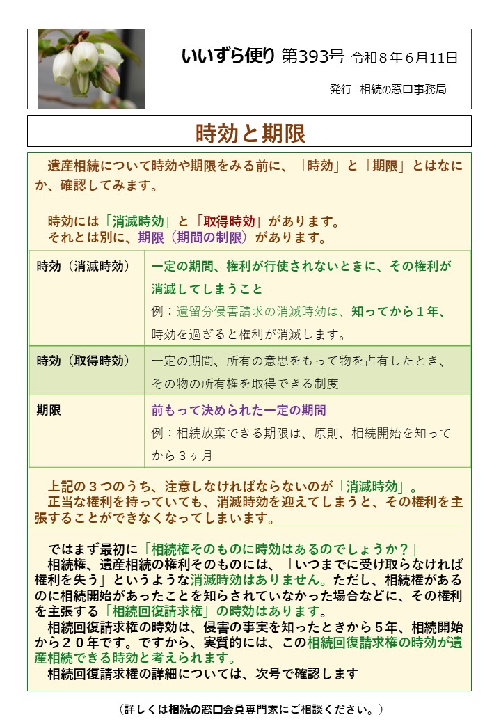 遺産相続について時効や期限をみる前に、「時効」と「期限」とはなにか、確認してみます。 　時効には「消滅時効」と「取得時効」があります。 　それとは別に、期限（期間の制限）があります。 　上記の３つのうち、注意しなければならないのが「消滅時効」。 　正当な権利を持っていても、消滅時効を迎えてしまうと、その権利を主張することができなくなってしまいます。 　ではまず最初に「相続権そのものに時効はあるのでしょうか？」 　相続権、遺産相続の権利そのものには、「いつまでに受け取らなければ権利を失う」というような消滅時効はありません。ただし、相続権があるのに相続開始があったことを知らされていなかった場合などに、その権利を主張する「相続回復請求権」の時効はあります。 　相続回復請求権の時効は、侵害の事実を知ったときから５年、相続開始から２０年です。ですから、実質的には、この相続回復請求権の時効が遺産相続できる時効と考えられます。 　相続回復請求権の詳細については、次号で確認します